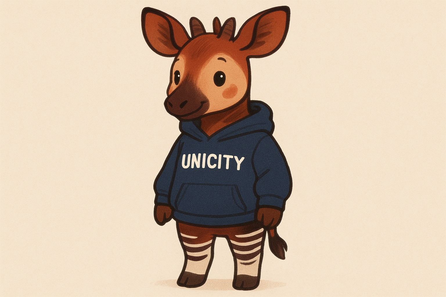 a cartoonish small Okapi standing up with a hoodie that says Unicity 